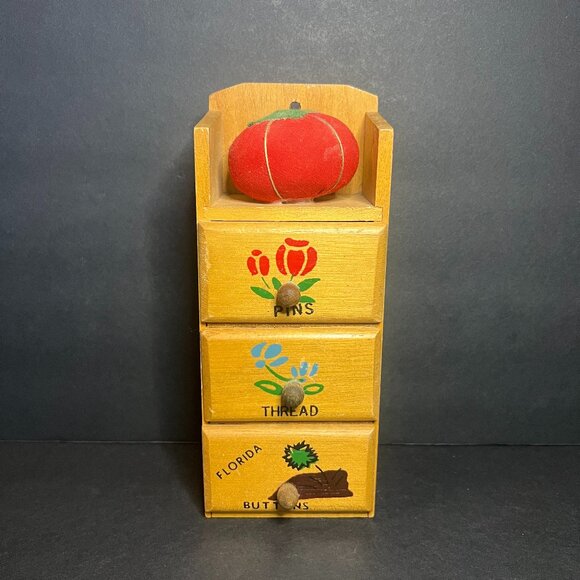 Vintage Hangable Wooden 3 Drawer Sewing Organizer w/ Pincushion Florida Souvenir - Picture 1 of 9